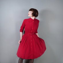 Load image into Gallery viewer, 50s DARK RED CORDUROY FULL SKIRTED DRESS WITH BELT AND NECK STRAP - S
