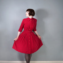 Load image into Gallery viewer, 50s DARK RED CORDUROY FULL SKIRTED DRESS WITH BELT AND NECK STRAP - S