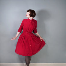 Load image into Gallery viewer, 50s DARK RED CORDUROY FULL SKIRTED DRESS WITH BELT AND NECK STRAP - S