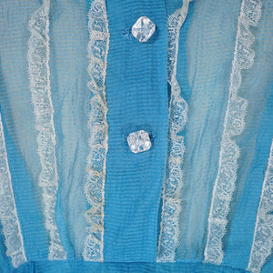 50s SHEER SEERSUCKER CHIFFON BLUE LACE TRIM FULL SKIRT DRESS - S