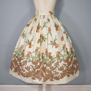 50s AUSTUMNAL FLORAL DANDELION PALE YELLOW FULL SKIRT - 28"