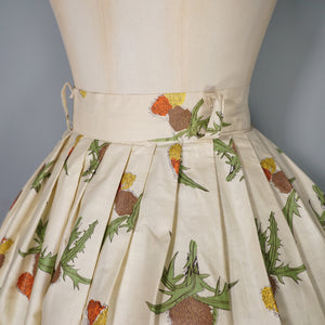 50s AUSTUMNAL FLORAL DANDELION PALE YELLOW FULL SKIRT - 28"