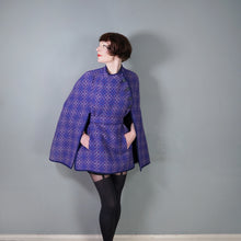 Load image into Gallery viewer, 70s PURPLE AND BLUE WELSH WOOLLENS TAPESTRY CAPE COAT WITH BELT - S-M