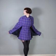 Load image into Gallery viewer, 70s PURPLE AND BLUE WELSH WOOLLENS TAPESTRY CAPE COAT WITH BELT - S-M