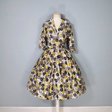 Load image into Gallery viewer, 50s 60s ASCOT MODEL GREY YELLOW CIRCLE PRINT BELTED SHIRTWAISTER DRESS - XS