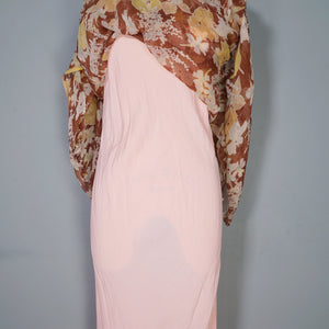 30s SHEER BROWN BIAS CUT FLORAL CHIFFON MAXI DRESS - S-M