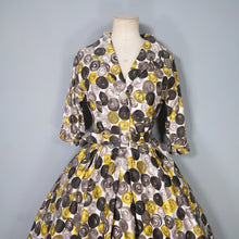 Load image into Gallery viewer, 50s 60s ASCOT MODEL GREY YELLOW CIRCLE PRINT BELTED SHIRTWAISTER DRESS - XS