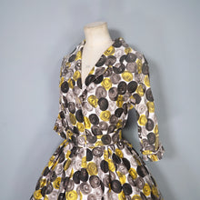Load image into Gallery viewer, 50s 60s ASCOT MODEL GREY YELLOW CIRCLE PRINT BELTED SHIRTWAISTER DRESS - XS