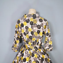 Load image into Gallery viewer, 50s 60s ASCOT MODEL GREY YELLOW CIRCLE PRINT BELTED SHIRTWAISTER DRESS - XS