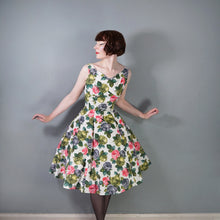 Load image into Gallery viewer, 50s 60s PAINTERLY ROSE PRINT FIT AND FLARE DRESS WITH EMPIRE BUST - M