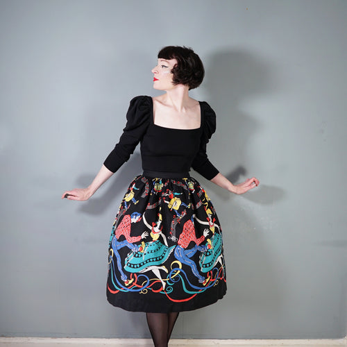 50s BLACK BIG JIVE DANCERS BORDER PRINT NOVELTY FULL SKIRT - 25