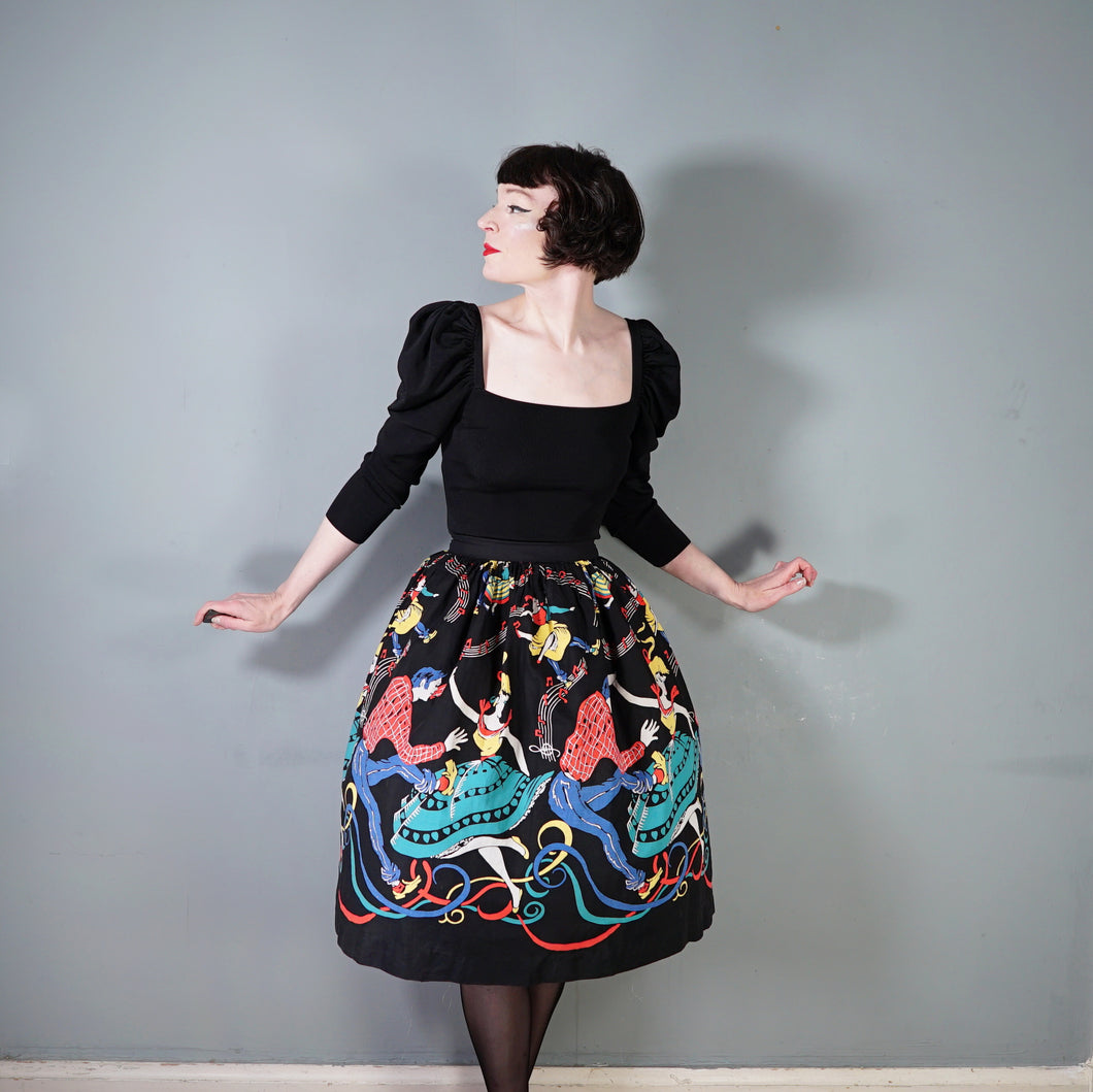 50s BLACK BIG JIVE DANCERS BORDER PRINT NOVELTY FULL SKIRT - 25