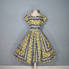 Load image into Gallery viewer, 60s HEAVY COTTON BLEND YELLOW FLORAL AND GREY STRIPE DAY DRESS - S