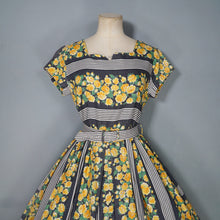 Load image into Gallery viewer, 60s HEAVY COTTON BLEND YELLOW FLORAL AND GREY STRIPE DAY DRESS - S