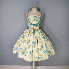 Load image into Gallery viewer, 50s UNLABELLED HORROCKSES YELLOW FLORAL FULL SKIRTED COTTON SUN DRESS - S