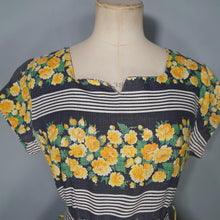 Load image into Gallery viewer, 60s HEAVY COTTON BLEND YELLOW FLORAL AND GREY STRIPE DAY DRESS - S