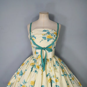 50s UNLABELLED HORROCKSES YELLOW FLORAL FULL SKIRTED COTTON SUN DRESS - S