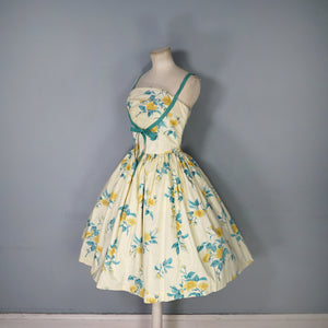 50s UNLABELLED HORROCKSES YELLOW FLORAL FULL SKIRTED COTTON SUN DRESS - S