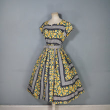 Load image into Gallery viewer, 60s HEAVY COTTON BLEND YELLOW FLORAL AND GREY STRIPE DAY DRESS - S