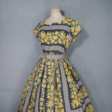 Load image into Gallery viewer, 60s HEAVY COTTON BLEND YELLOW FLORAL AND GREY STRIPE DAY DRESS - S