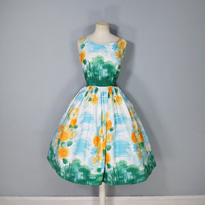 60s SUNNY SKY BLUE AND BRIGHT YELLOW FLORAL FULL SKIRTED SUN DRESS - XS