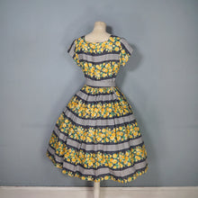 Load image into Gallery viewer, 60s HEAVY COTTON BLEND YELLOW FLORAL AND GREY STRIPE DAY DRESS - S