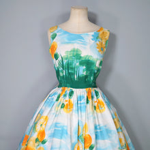 Load image into Gallery viewer, 60s SUNNY SKY BLUE AND BRIGHT YELLOW FLORAL FULL SKIRTED SUN DRESS - XS