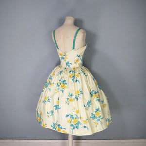 50s UNLABELLED HORROCKSES YELLOW FLORAL FULL SKIRTED COTTON SUN DRESS - S
