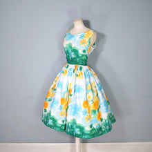 Load image into Gallery viewer, 60s SUNNY SKY BLUE AND BRIGHT YELLOW FLORAL FULL SKIRTED SUN DRESS - XS