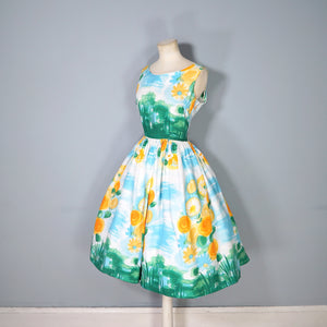 60s SUNNY SKY BLUE AND BRIGHT YELLOW FLORAL FULL SKIRTED SUN DRESS - XS