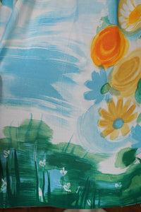 60s SUNNY SKY BLUE AND BRIGHT YELLOW FLORAL FULL SKIRTED SUN DRESS - XS