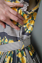Load image into Gallery viewer, 60s HEAVY COTTON BLEND YELLOW FLORAL AND GREY STRIPE DAY DRESS - S
