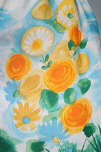 Load image into Gallery viewer, 60s SUNNY SKY BLUE AND BRIGHT YELLOW FLORAL FULL SKIRTED SUN DRESS - XS