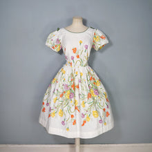 Load image into Gallery viewer, 50s WHITE AND YELLOW WILD MEADOW FLORAL COTTON DRESS - S