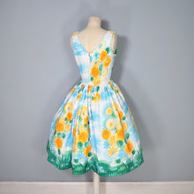 Load image into Gallery viewer, 60s SUNNY SKY BLUE AND BRIGHT YELLOW FLORAL FULL SKIRTED SUN DRESS - XS