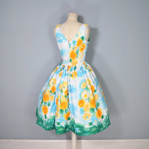 60s SUNNY SKY BLUE AND BRIGHT YELLOW FLORAL FULL SKIRTED SUN DRESS - XS