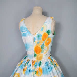 60s SUNNY SKY BLUE AND BRIGHT YELLOW FLORAL FULL SKIRTED SUN DRESS - XS