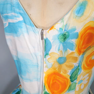 60s SUNNY SKY BLUE AND BRIGHT YELLOW FLORAL FULL SKIRTED SUN DRESS - XS