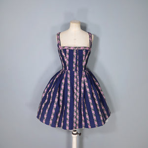 70s DARK BLUE AND PINK ROSE "HANNA" TRACHTEN MINI DIRNDL DRESS - S