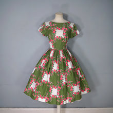 Load image into Gallery viewer, 50s GREEN AND PINK ROSE PRINT FULL SKIRTED COTTON DAY DRESS - M
