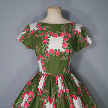 Load image into Gallery viewer, 50s GREEN AND PINK ROSE PRINT FULL SKIRTED COTTON DAY DRESS - M