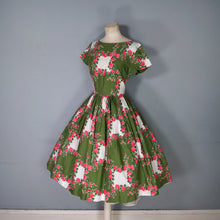Load image into Gallery viewer, 50s GREEN AND PINK ROSE PRINT FULL SKIRTED COTTON DAY DRESS - M