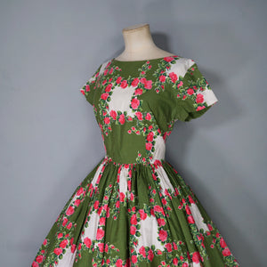 50s GREEN AND PINK ROSE PRINT FULL SKIRTED COTTON DAY DRESS - M