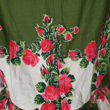 Load image into Gallery viewer, 50s GREEN AND PINK ROSE PRINT FULL SKIRTED COTTON DAY DRESS - M