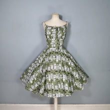 Load image into Gallery viewer, 50s OLIVE GREEN NOVELTY NEWSPAPER AND CARS PRINT STRAPPY SUN DRESS - XS