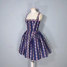 Load image into Gallery viewer, 70s DARK BLUE AND PINK ROSE &quot;HANNA&quot; TRACHTEN MINI DIRNDL DRESS - S