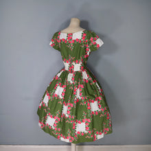 Load image into Gallery viewer, 50s GREEN AND PINK ROSE PRINT FULL SKIRTED COTTON DAY DRESS - M