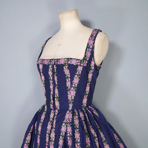 70s DARK BLUE AND PINK ROSE "HANNA" TRACHTEN MINI DIRNDL DRESS - S