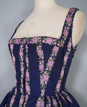 Load image into Gallery viewer, 70s DARK BLUE AND PINK ROSE &quot;HANNA&quot; TRACHTEN MINI DIRNDL DRESS - S