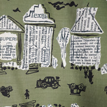Load image into Gallery viewer, 50s OLIVE GREEN NOVELTY NEWSPAPER AND CARS PRINT STRAPPY SUN DRESS - XS